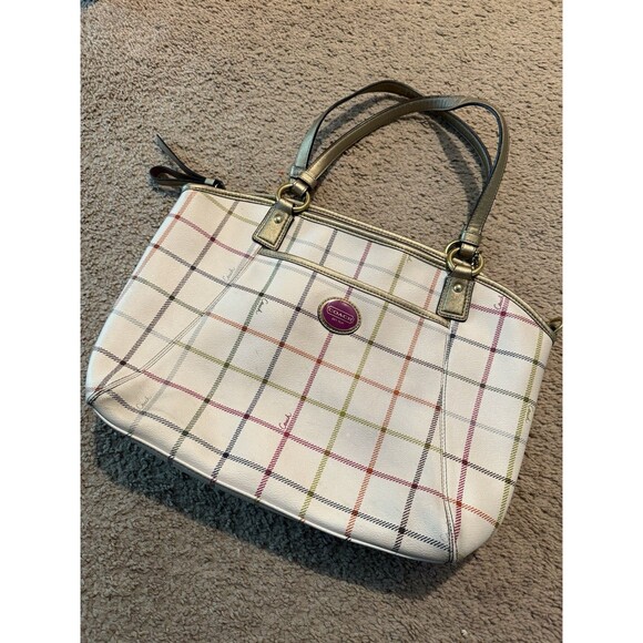 Coach Peyton Tattersall Tote Purse Handbag Ivory Plaid - Picture 2 of 11